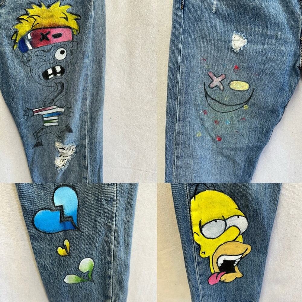 Levi's 501 custom hand painted cartoon graffiti high waist jeans size 32x30 - Picture 12 of 16